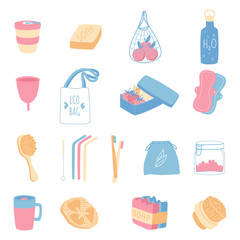 Zero waste household goods set. Vector illustration.