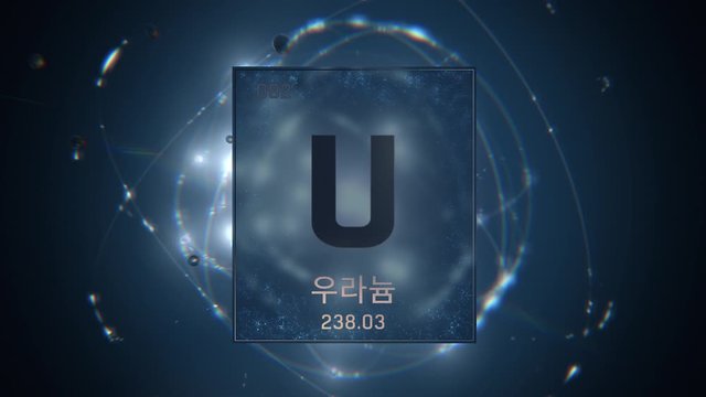 Uranium as Element 92 of the Periodic Table. Seamlessly looping 3D animation on blue illuminated atom design background orbiting electrons name, atomic weight element number in Korean language