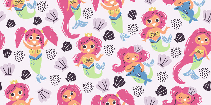 Seamless pattern - cute little mermaids, seashells
