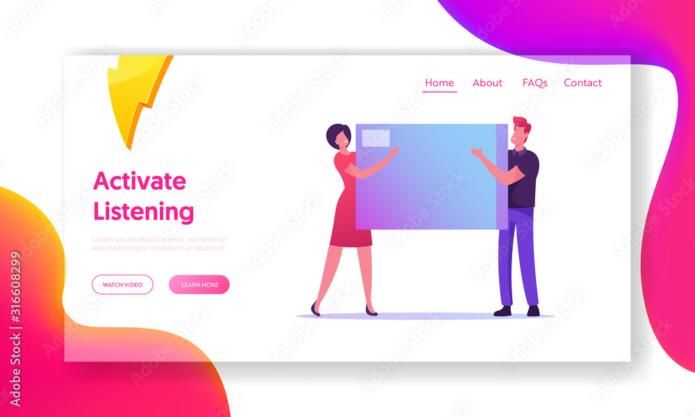 Poster digital archive database management, organization website landing page. businesspeople holding huge 