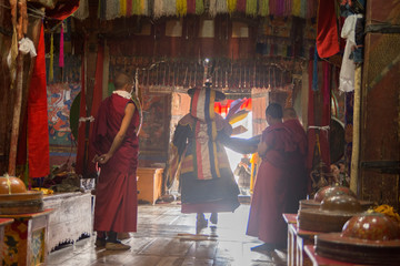 Buddhist puja ceremony in tikshey monastery, ladakh