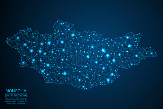 A map of Mongolia consisting of 3D triangles, lines, points, and connections. Vector illustration of the EPS 10.