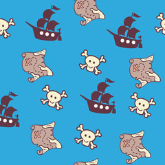seamless pirate patter with a ship a skull and a treasure map on a blue background