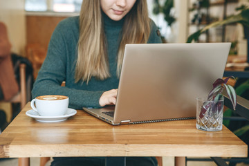 Student girl studying or freelancer working on a laptop in a cafe or coworking.