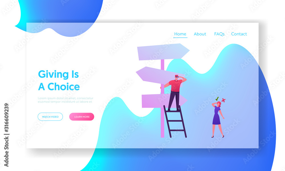 Poster business challenge, task solution and choice way website landing page. businesspeople stand on cross