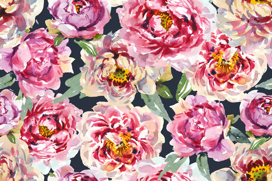 Seamless floral pattern with pink chinese peony