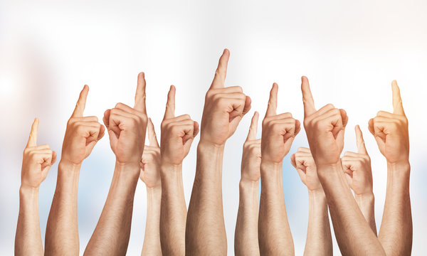 Row of man hands showing finger pointing gesture