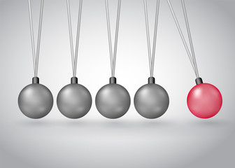 Newton's cradle physics experiment model vector illustration isolated on white. Metall balls hanging on frame with kinetic and potential energy converting, business collaboration model metaphor.