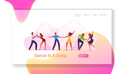 Brazilian Dance Club Party or Carnival Website Landing Page. Salsa Dancers in Colorful Costumes Having Fun, Latino Men and Women Brazil Dancing Leisure Web Page Banner Cartoon Flat Vector Illustration
