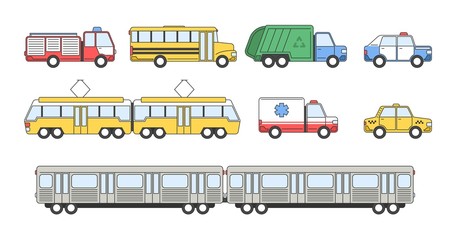 Collection of city transport. Set of vector vehicles: Fire truck, School bus, Garbage truck, Police car, Tram, Ambulance, Taxi and Subway train. Side view flat style illustration isolaed on white