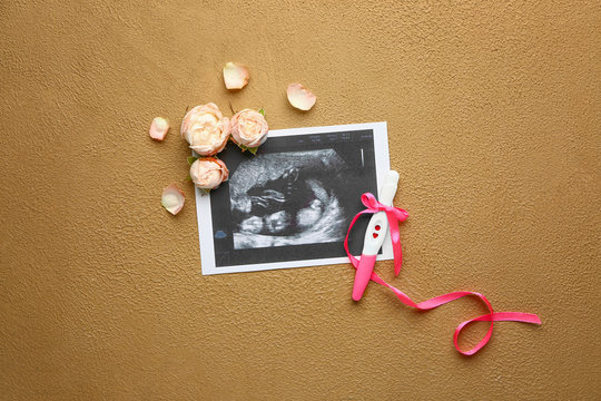 Pregnancy test, sonogram image and flowers on color background