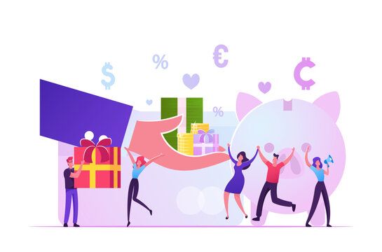 Bonus Card, Loyalty Program, Earn Reward, Redeem Gift, Perks Concept. Huge Hand Giving Gift Boxes to Tiny Male and Female Characters near Piggy Bank with Money Icons around Cartoon Vector Illustration