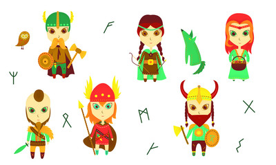 Set of 6 cartoon vikings isolated on white background. Vector stock illustration