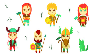 Set of 6 cartoon vikings isolated on white background. Vector stock illustration