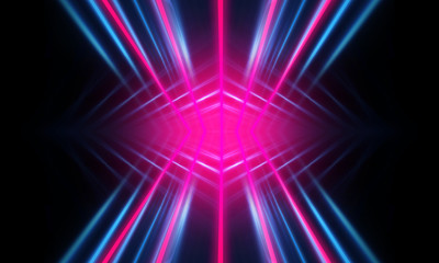 Obraz premium Dark neon background with lines and rays. Blue and pink neon. Abstract futuristic background. Night scene with neon, light reflection.