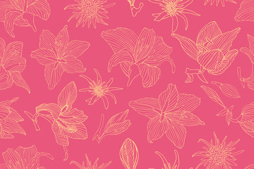 Art floral vector seamless pattern. Light hippeastrum and tragopogon flowers isolated on pink background.