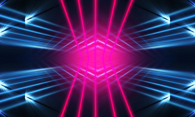 Obraz premium Dark neon background with lines and rays. Blue and pink neon. Abstract futuristic background. Night scene with neon, light reflection.