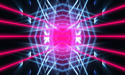 Dark neon background with lines and rays. Blue and pink neon. Abstract futuristic background. Night scene with neon, light reflection.