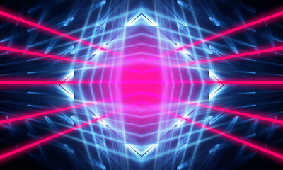 Dark neon background with lines and rays. Blue and pink neon. Abstract futuristic background. Night scene with neon, light reflection.