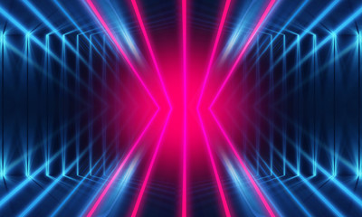 Dark neon background with lines and rays. Blue and pink neon. Abstract futuristic background. Night scene with neon, light reflection.