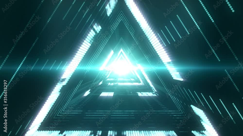 Poster abstract futuristic tunnel in a triangular shape with a light burst in the center. creative technolo