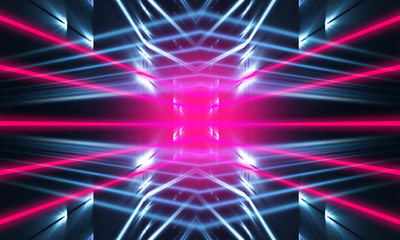 Dark neon background with lines and rays. Blue and pink neon. Abstract futuristic background. Night scene with neon, light reflection.