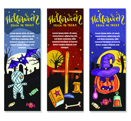 Set of three Halloween banners. Trick or treat. Vector stock illustration.