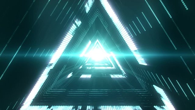 Abstract futuristic tunnel in a triangular shape with a light burst in the center. Creative technology background for cyber concept. Seamless loop.