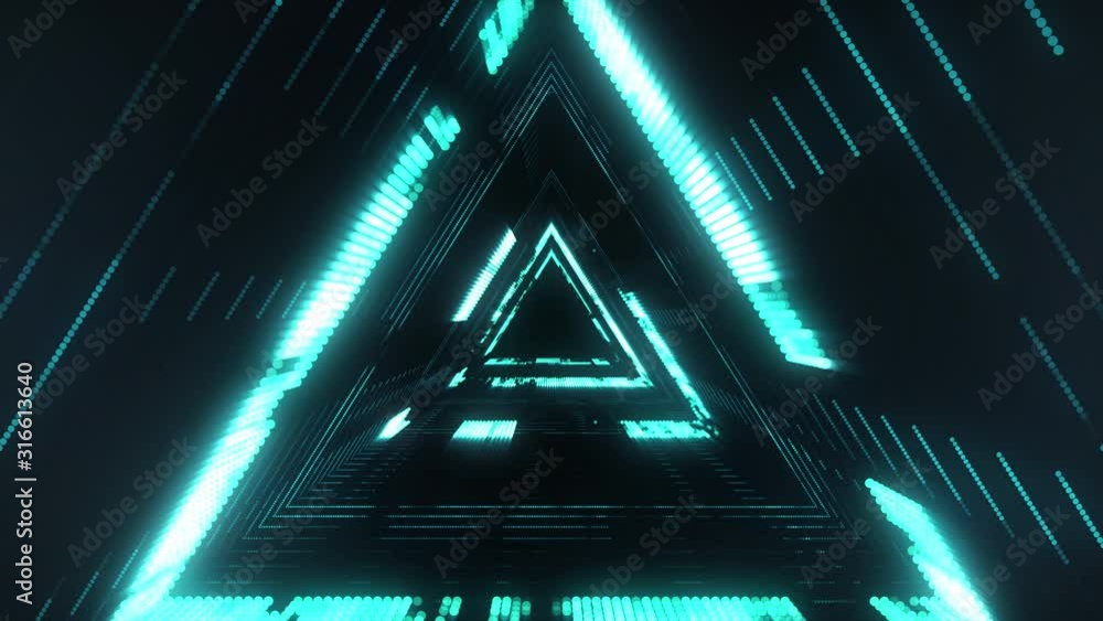 Poster blue digital portal in triangular shape with bright lines. technology background for futuristic conc