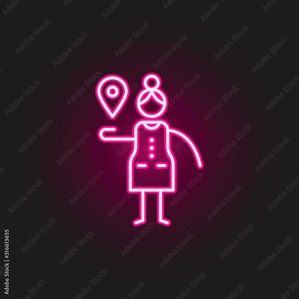 Poster map pointer, woman neon style icon. simple thin line, outline vector of travel icons for ui and ux, 