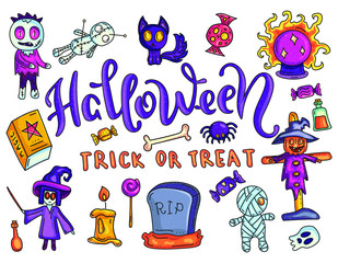 Set of Halloween doodle. Trick or treat. Lettering. Vector stock illustration.