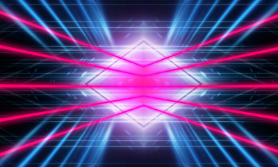 Dark neon background with lines and rays. Blue and pink neon. Abstract futuristic background. Night scene with neon, light reflection.
