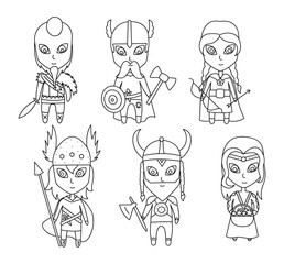 Outline Cartoon vikings on white background. Vector stock illustration. Set of little warriors, children with arms