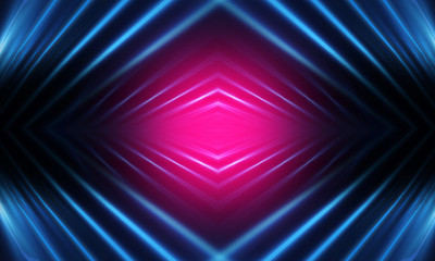 Dark neon background with lines and rays. Blue and pink neon. Abstract futuristic background. Night scene with neon, light reflection.