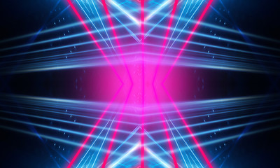 Dark neon background with lines and rays. Blue and pink neon. Abstract futuristic background. Night scene with neon, light reflection.