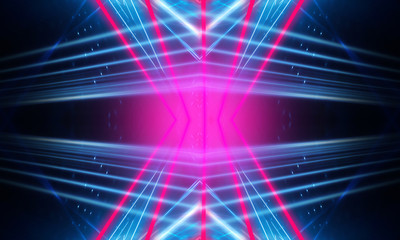 Dark neon background with lines and rays. Blue and pink neon. Abstract futuristic background. Night scene with neon, light reflection.