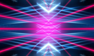 Dark neon background with lines and rays. Blue and pink neon. Abstract futuristic background. Night scene with neon, light reflection.