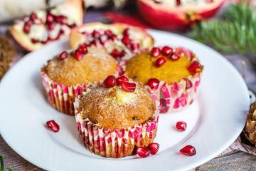 Muffins with Banana and Pomegranate .Traditional Christmas Muffins
