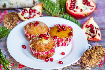 Muffins with Banana and Pomegranate .Traditional Christmas Muffins