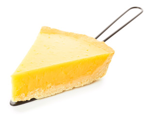 Slice of tasty lemon pie on white background