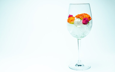 Colorful roses and ice in clear wine glass isolated on white with copy space, healthy lifestyle concept