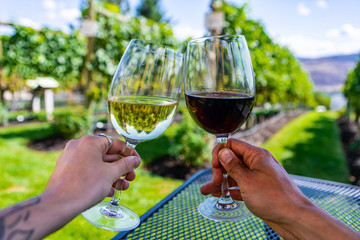 man and woman hands cheering wine glasses as they sitting against landscapes of Okanagan Valley vineyards grape vines, British Columbia BC Canada