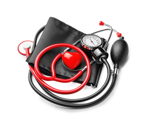 Sphygmomanometer with red heart on white background
