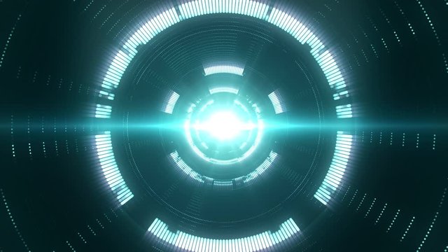 Abstract digital tunnel with a burst light in the center. Creative futuristic background with bright circles. Seamless loop.