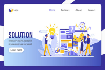 Obraz na płótnie Canvas Solution, innovative decision landing page vector template. Advertising department workers, businesspeople faceless characters. Product promotion, market analysis web banner homepage design layout
