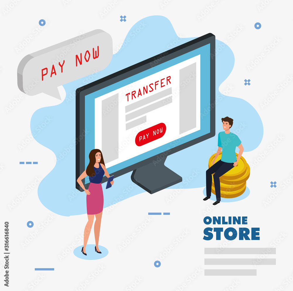 Poster online store with computer and icons