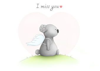 cute hand drawn sad koala bear drawing, sitting wearing angel wings, looking sad, with text I miss you, on white background