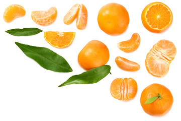 mandarin with slices and green leaf isolated on white background. top view