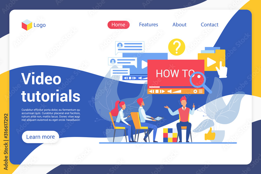 Poster video tutorials flat landing page vector template. online students, learners, internet users faceles