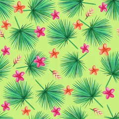 Tuinposter Watercolor  green palm leaves on a green background.  Orchid, Plumeria, Heliconia Flowers. Seamless pattern. Hand illustration. © Oksana